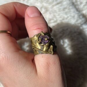 Vintage Brutalist Brass & Raw Amethyst Ring